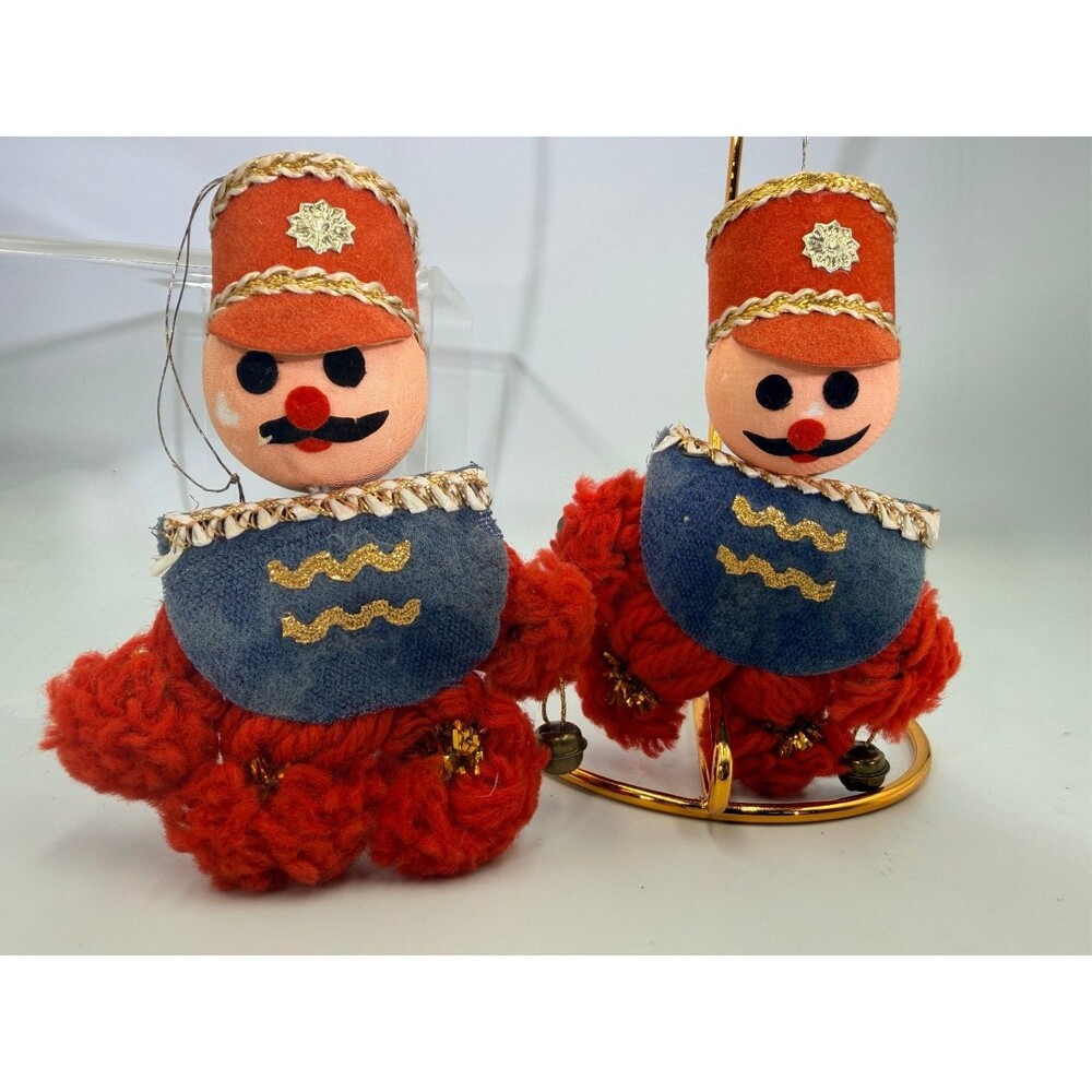 2 Vintage Roly Poly Kitschy Soldiers Jingle Bells Christmas Ornaments Mustache